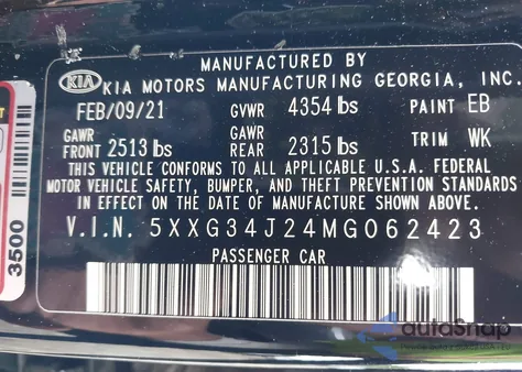 2021 Kia K5 Ex z USA, uszkodzony, nr VIN 5XXG34J24MG062423